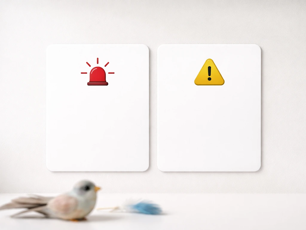 Minimal split card showing emergency vs monitor-briefly symbols for bird vet decisions.