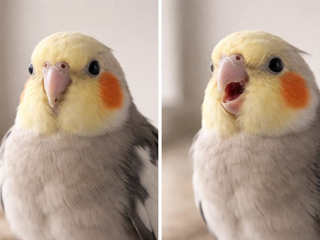 Close-up of a healthy bird with beak closed breathing, with an adjacent image-like open-mouth breathing posture