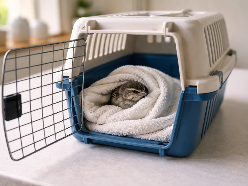 Small bird wrapped in a towel inside a pet carrier setup, suggesting a need for urgent vet care after a cat attack.