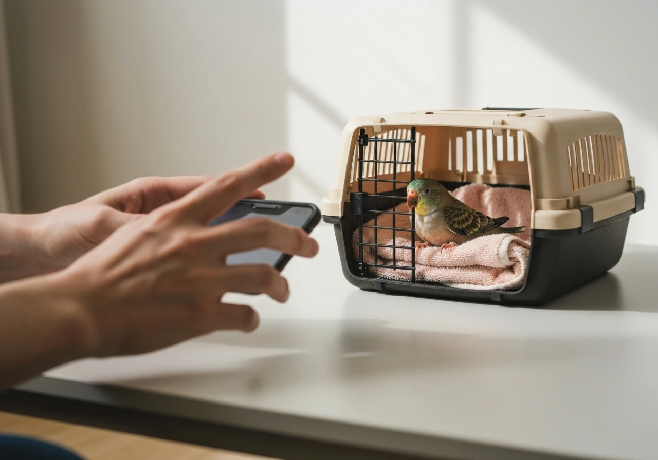 A small bird safely in a lined carrier while a person prepares to call for help after a dog attack.