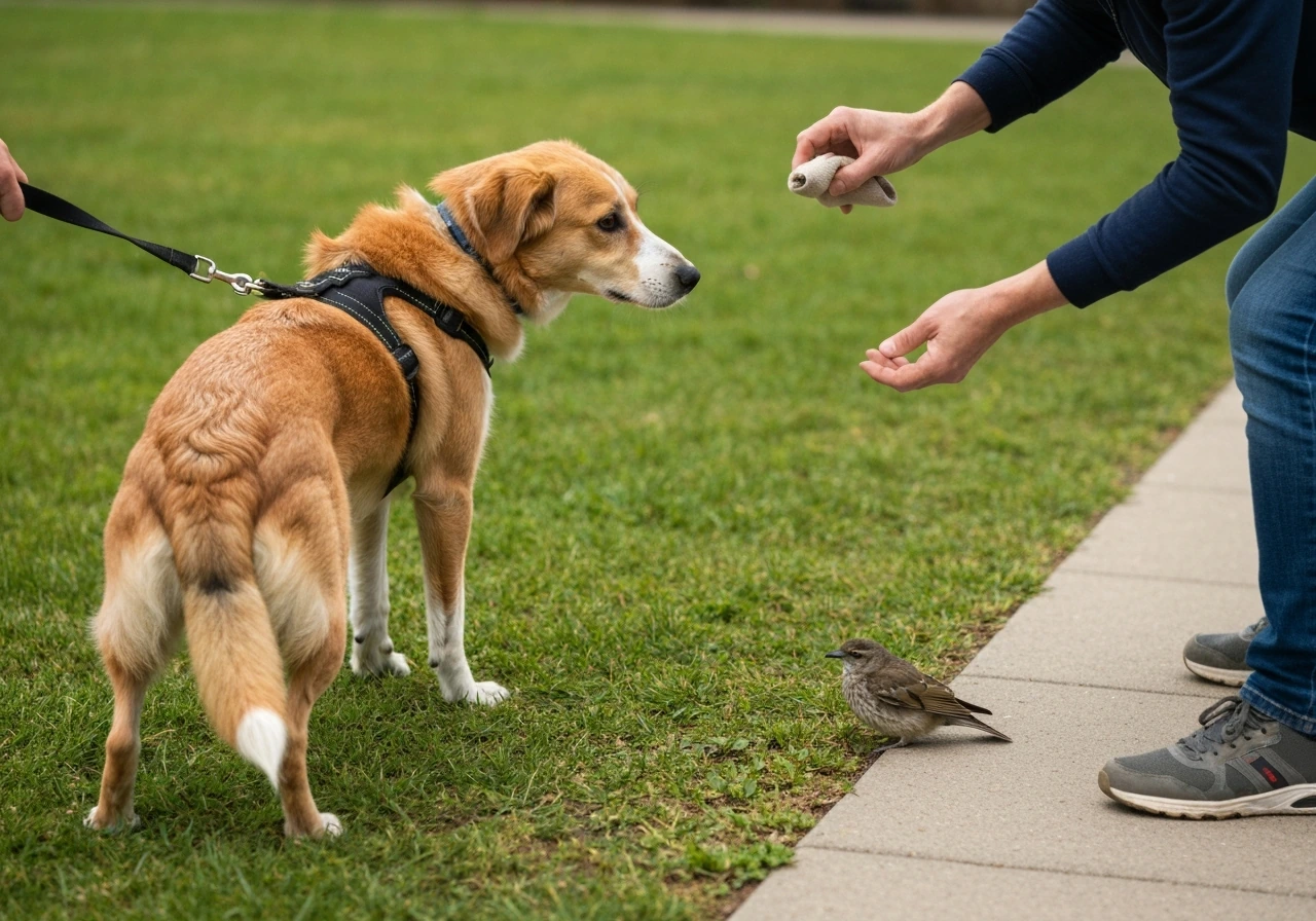 Leashed dog pulled back from a safe distance as a person shields a wild bird on the ground.