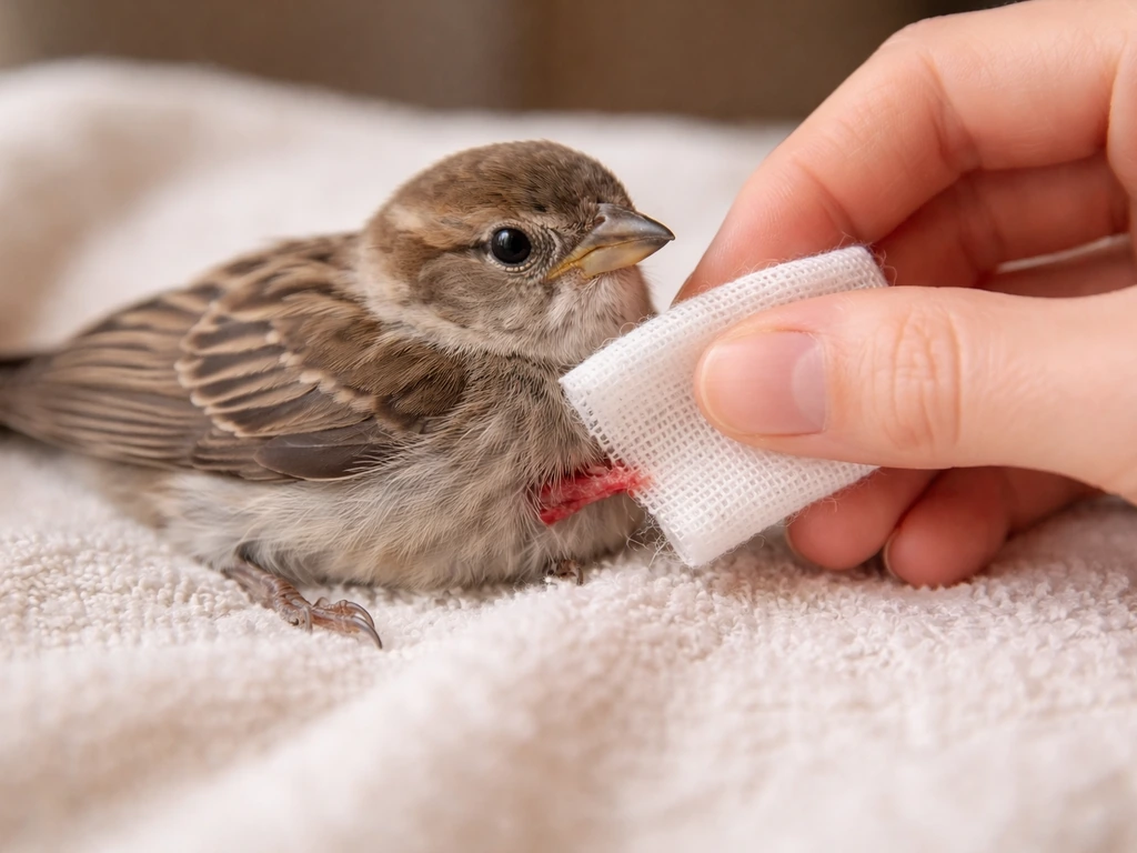 Hand gently applying clean gauze to a small bird’s bleeding wound