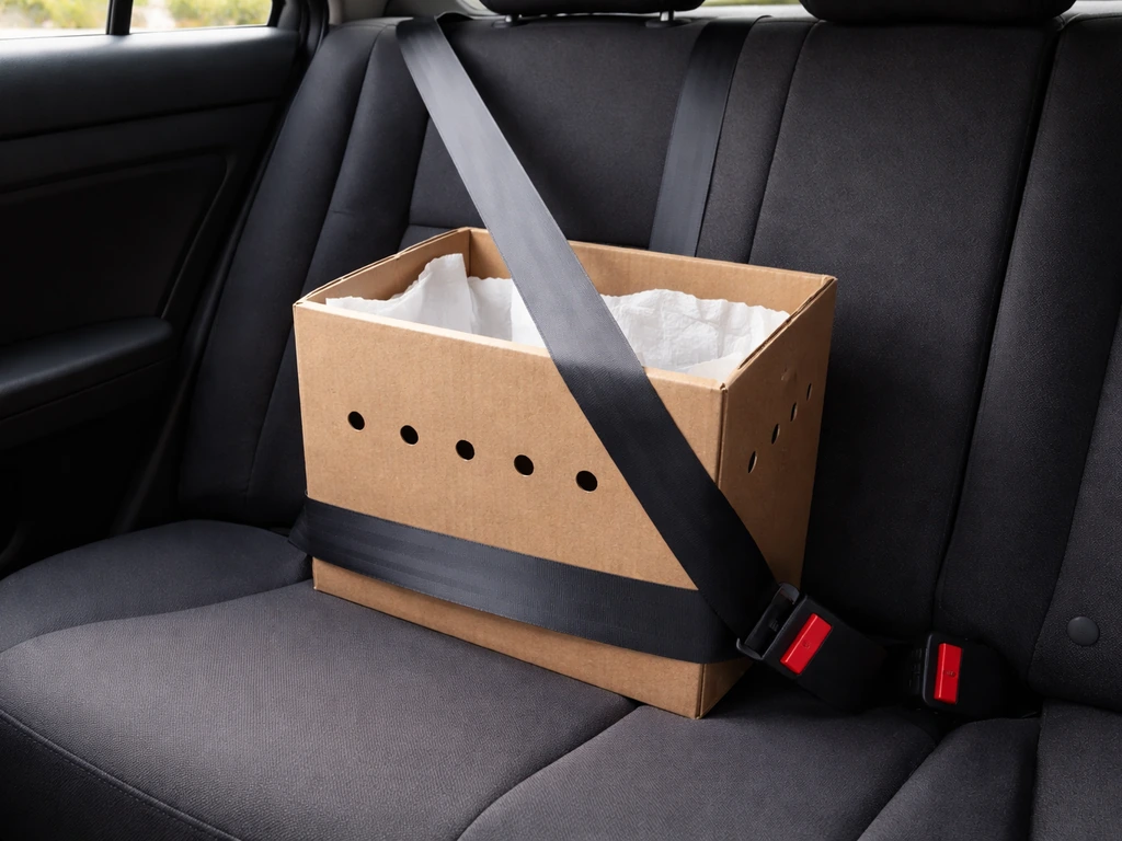 Cardboard box lined with paper towels and ventilation holes secured upright in a car seat for safe bird transport.