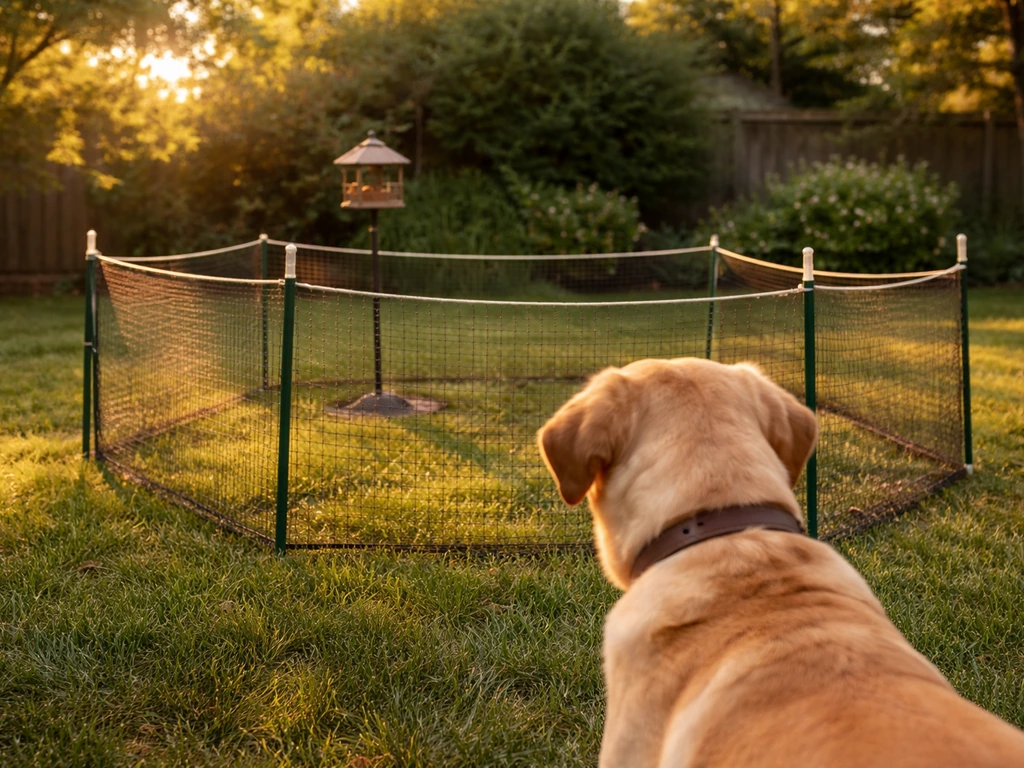 A dog stays outside a temporary mesh fence around a backyard bird-feeding/nesting area.