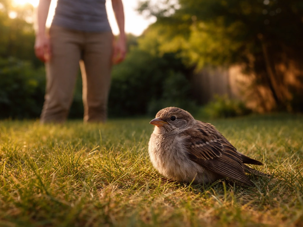 Caregiver watches a grounded small bird from a distance as feathers fluff and a wing droops slightly.