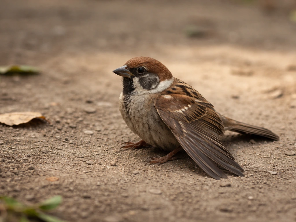 Side view of an injured bird with one wing hanging lower, bent angle, and dragging slightly on the ground.