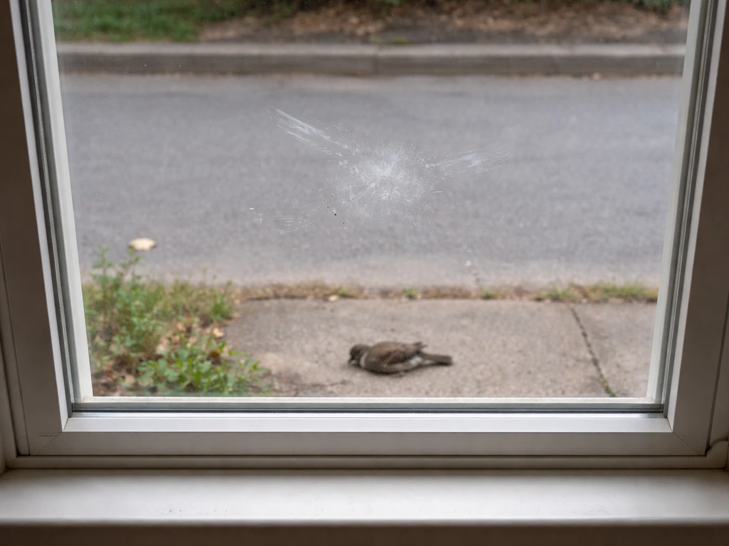 Bird on the ground beneath a window with a visible smear on the glass