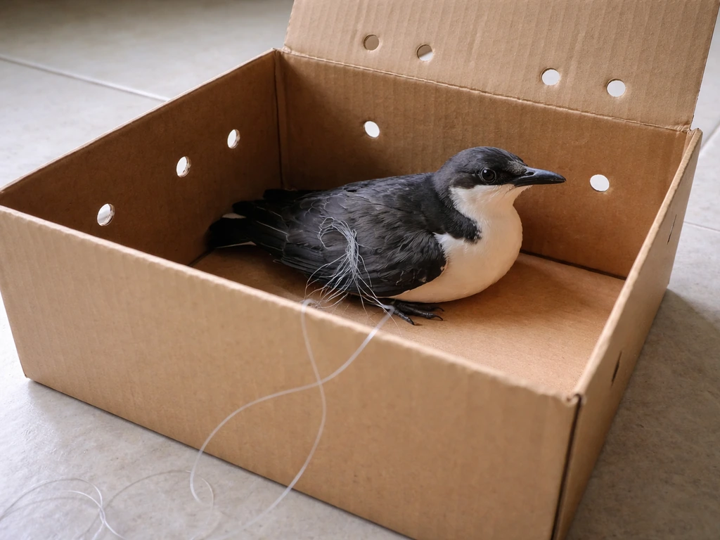 Small bird contained in a box as visible fishing line is wrapped around its wing.
