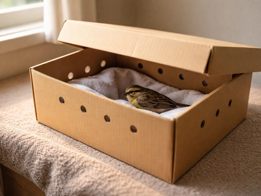 A small bird rests inside a covered cardboard box with air holes in a warm, quiet room.