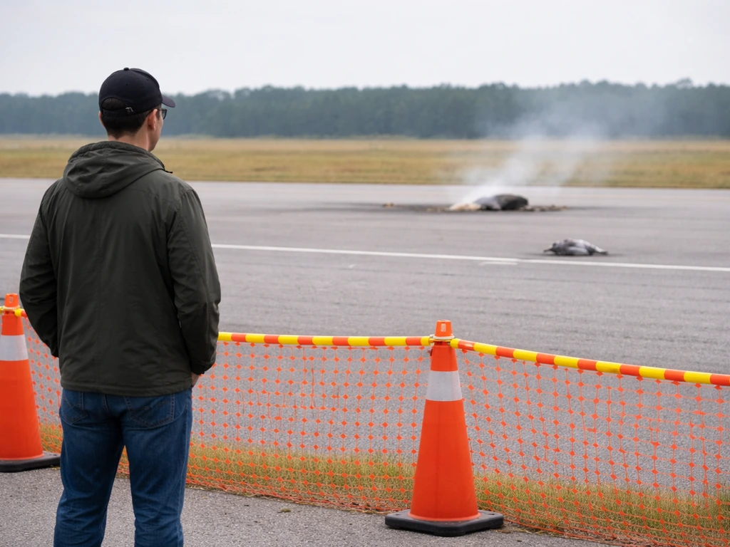 Bystander kept back behind a safety barrier near an injured bird at an airfield perimeter.