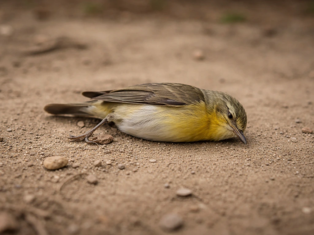 A small bird lying on its side, alert-free posture suggesting an urgent need for help.