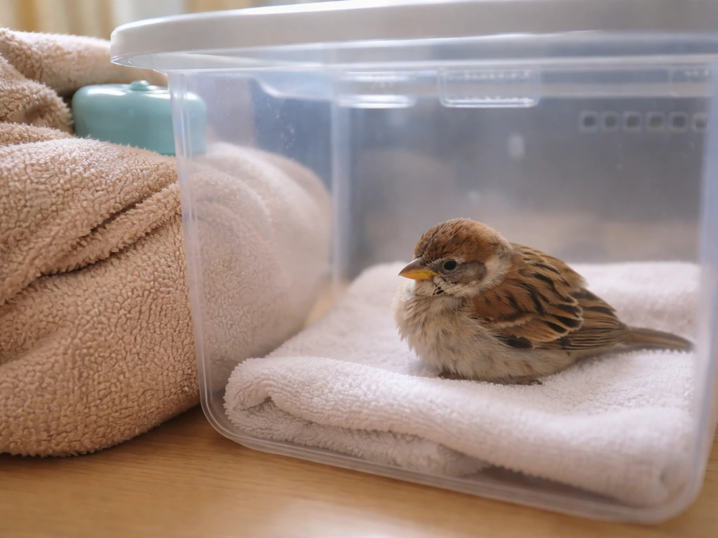 Injured small bird in a ventilated container with a cloth-wrapped warm pack placed externally.