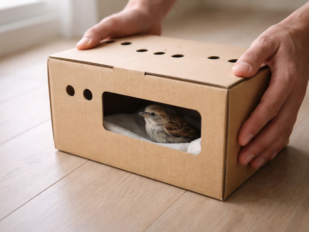 Hands holding a ventilated cardboard box containing a small bird for safe, careful transport