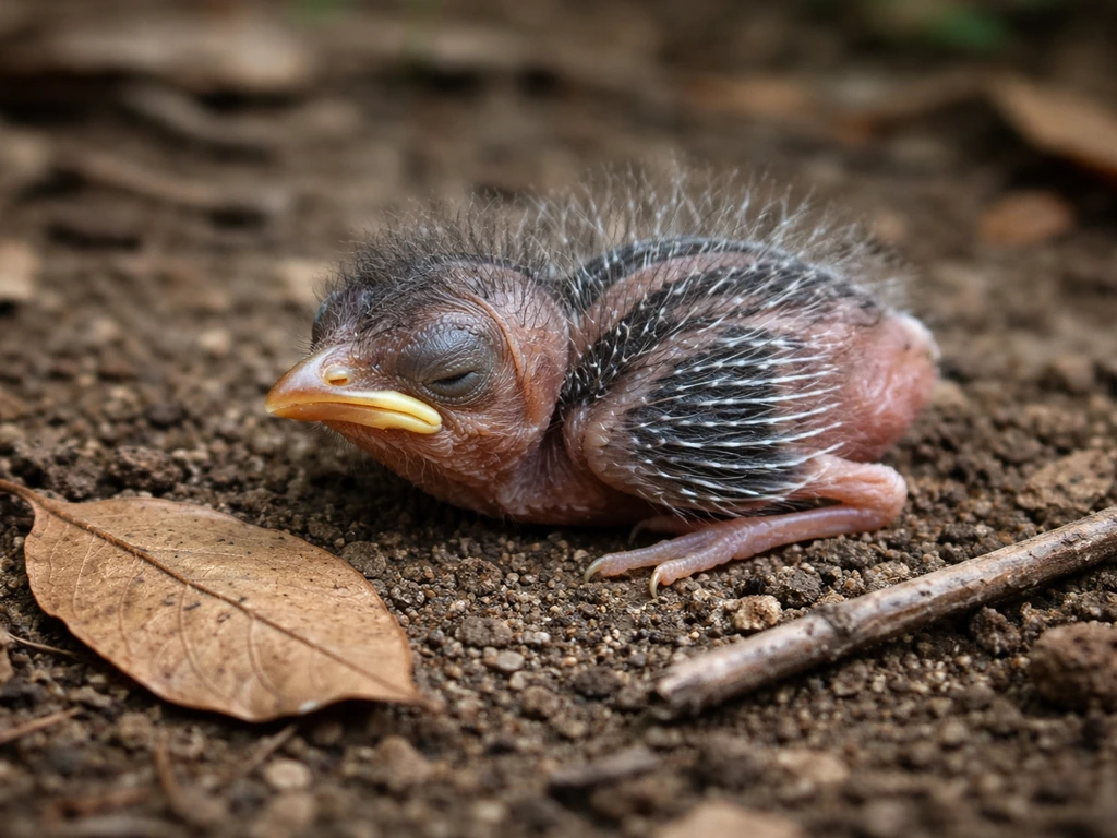 Tiny featherless bird nestling on forest soil with a leaf and twig beside it for scale.