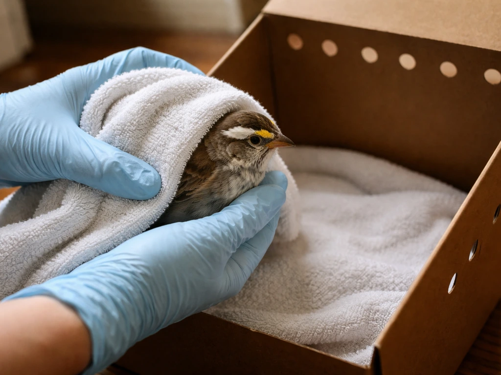 Gloved hands gently towel-stabilize a wild bird and place it into a dark ventilated carrier indoors.