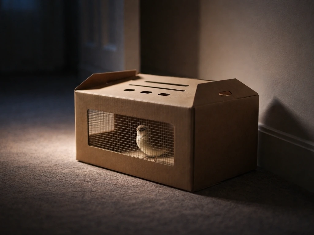 Boxed bird resting calmly in a dark quiet room, softly lit, no food or water, undisturbed.