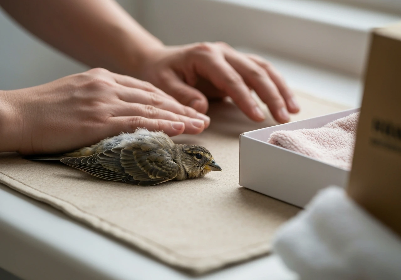 A small bird on its back receiving gentle emergency care with a warm towel nearby