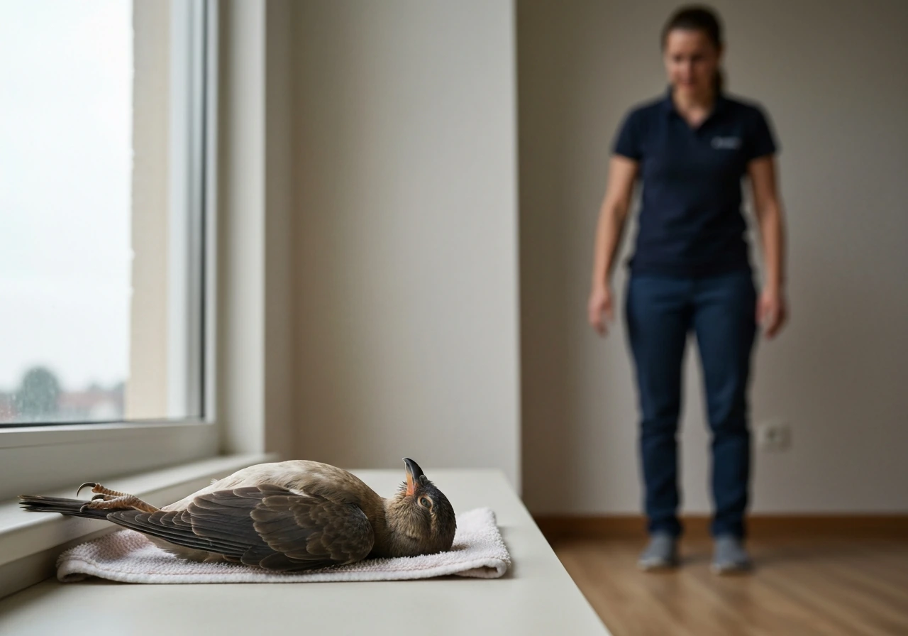 A bird lies on its back while a caregiver stands back and watches before touching it.