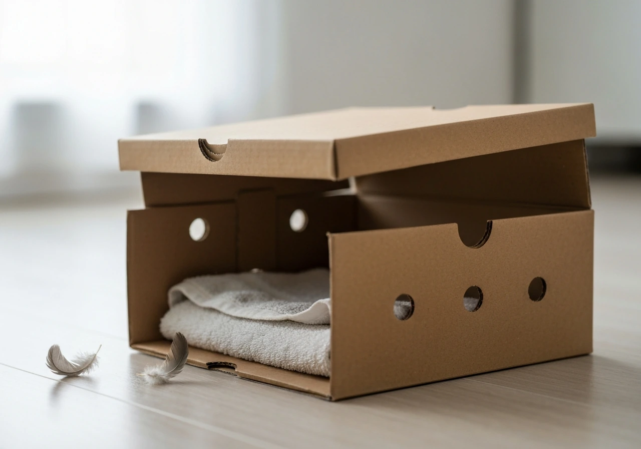 Ventilated shoebox-style cardboard box with air holes and a towel, ready for first aid after rescuing a bird.