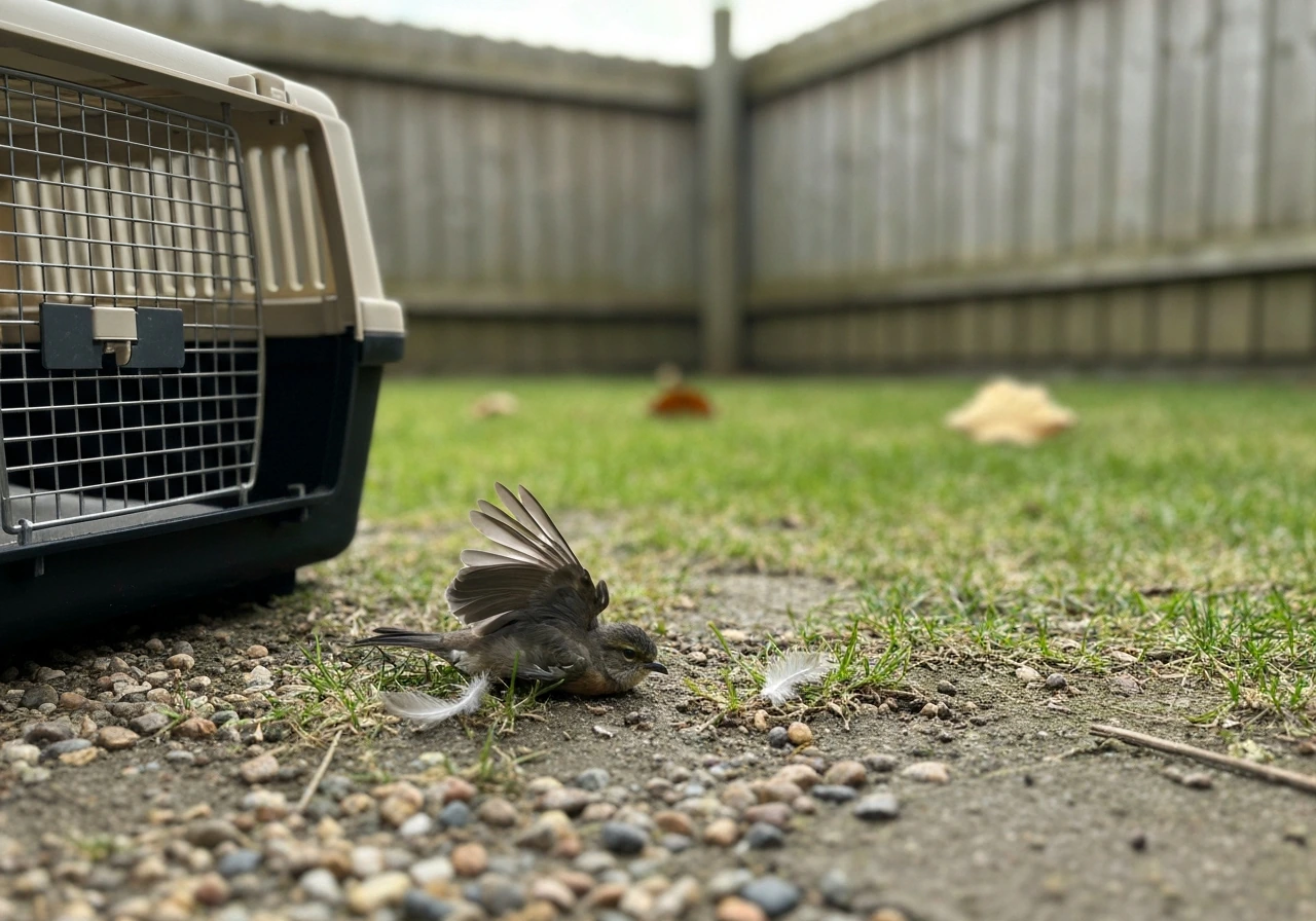A small injured bird near an open pet carrier by a yard fence, signaling urgent rescue help