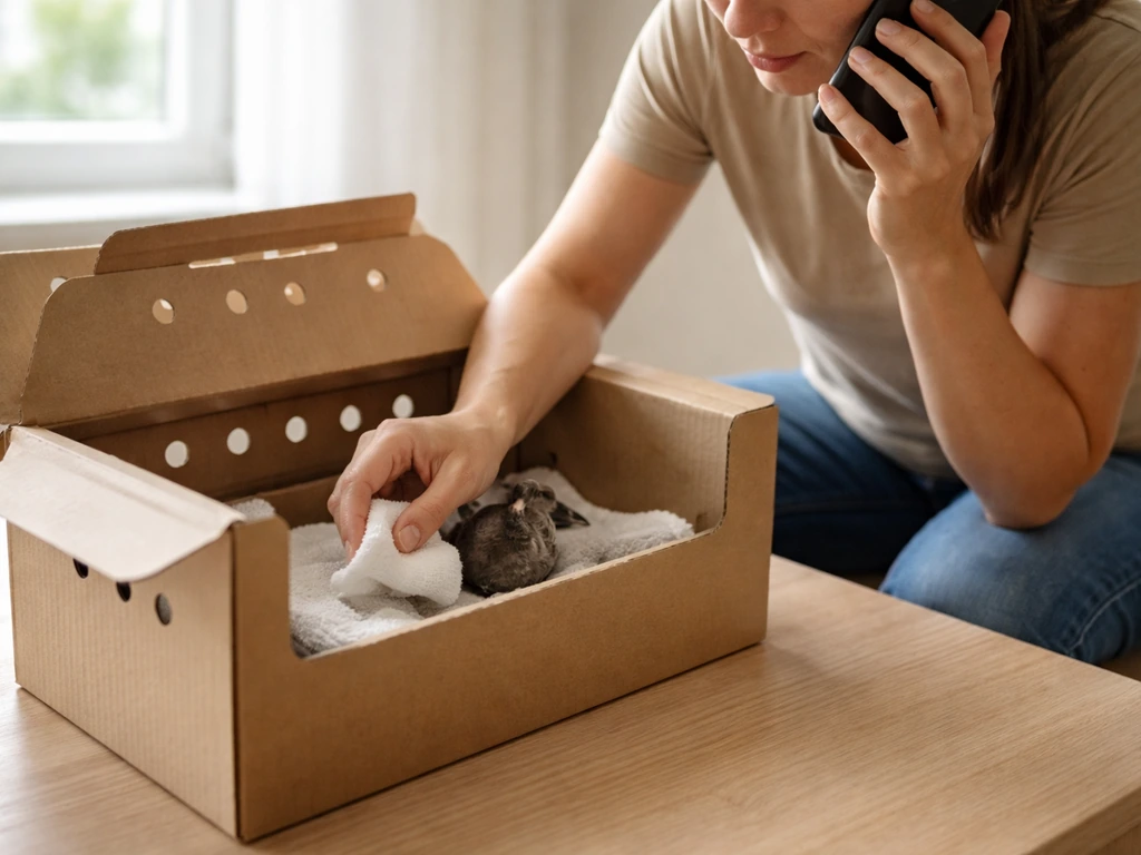 Rescuer calling an animal rescue on a phone while a bird is stabilized in a ventilated box.