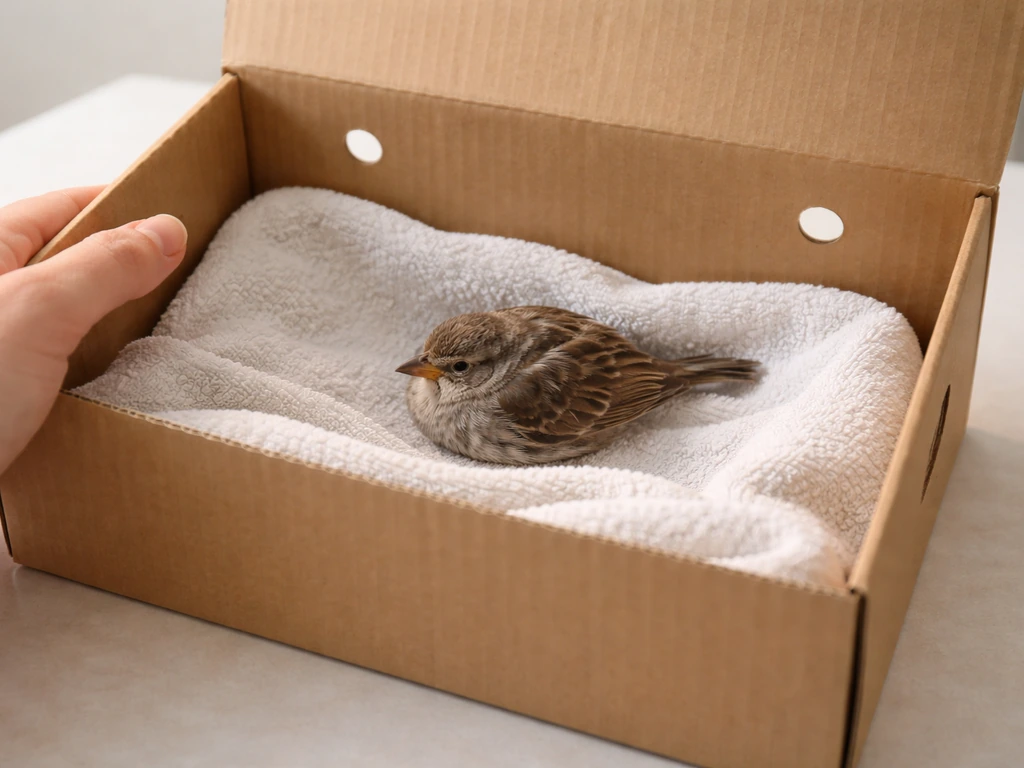 Injured small bird resting in a ventilated cardboard box while a caregiver’s hand keeps it calm.