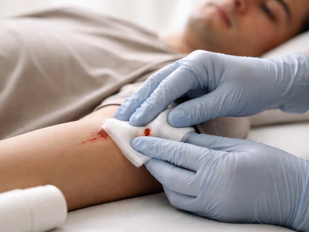 Close-up of gloved hands applying gentle pressure to a minor wound while observing breathing calmly nearby.