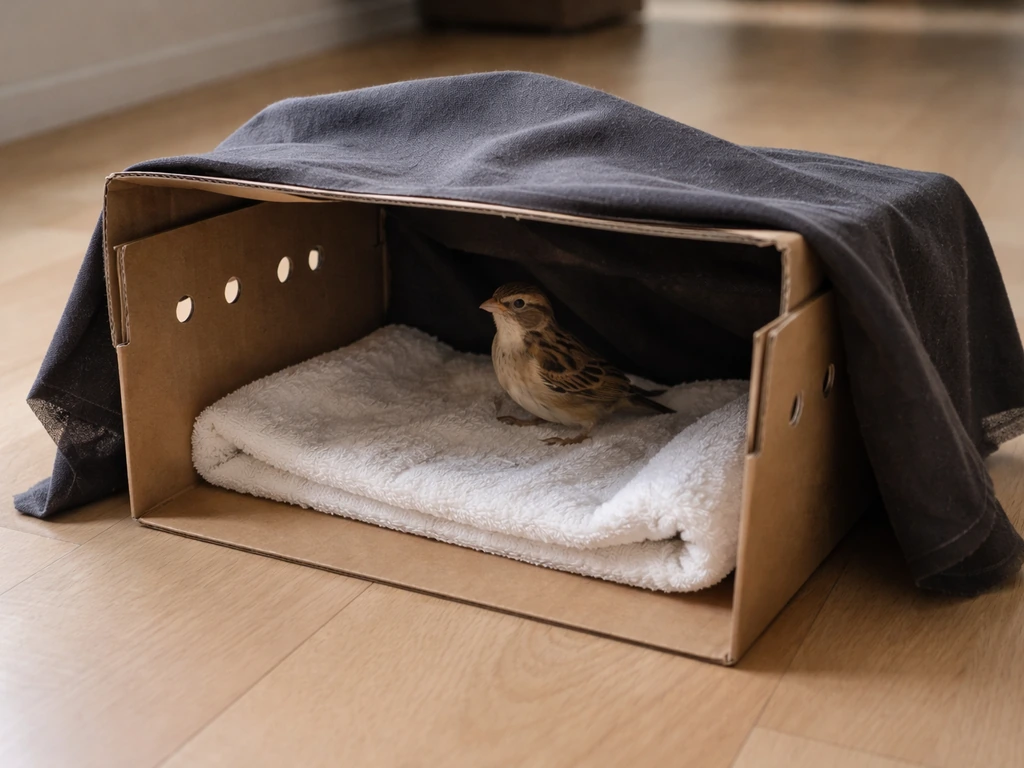 Small bird gently contained in a ventilated cardboard carrier lined with a non-slip towel in dim light.