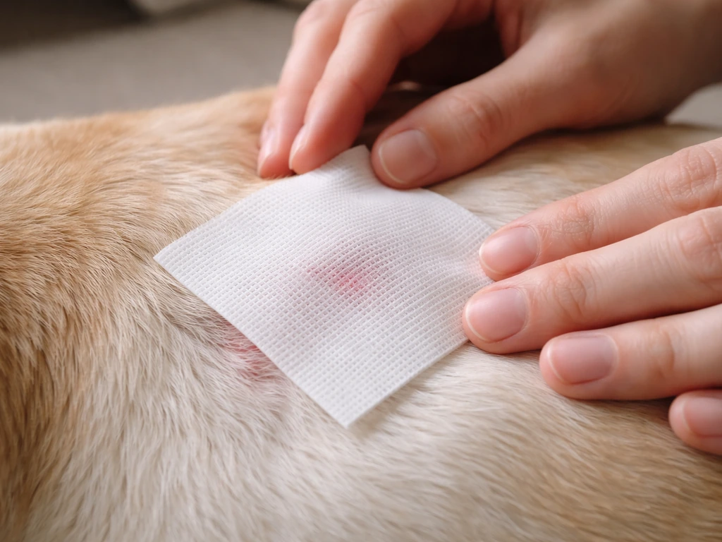 Hands gently covering a small stopped wound with a loose nonstick pad; no peroxide or creams visible.