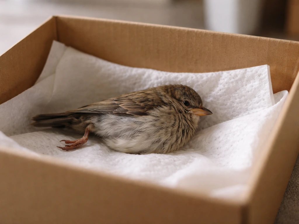 Injured small bird resting in a lined box, wing partially tucked, emphasizing gentle stabilization