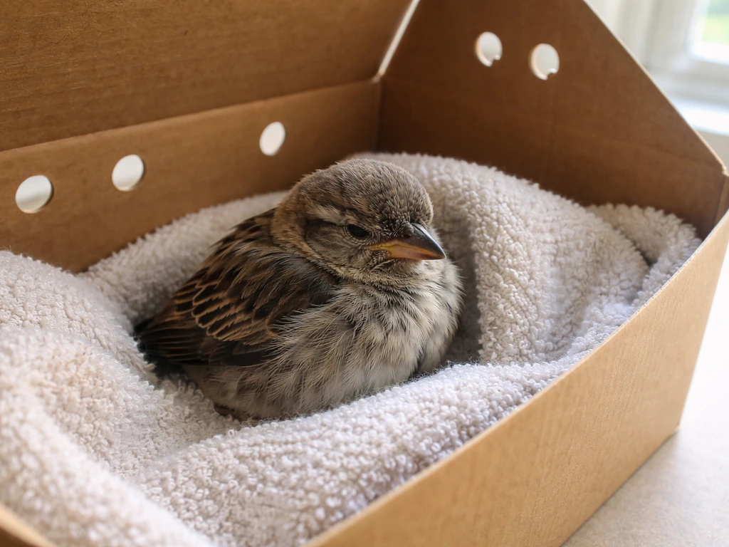 Injured wild bird resting in a ventilated cardboard carrier lined with a towel indoors.