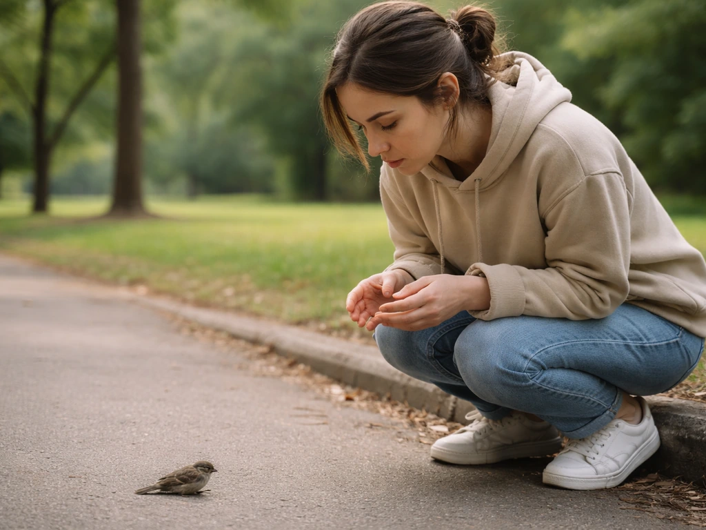 Person in outdoor park carefully observing an injured bird from a safe distance