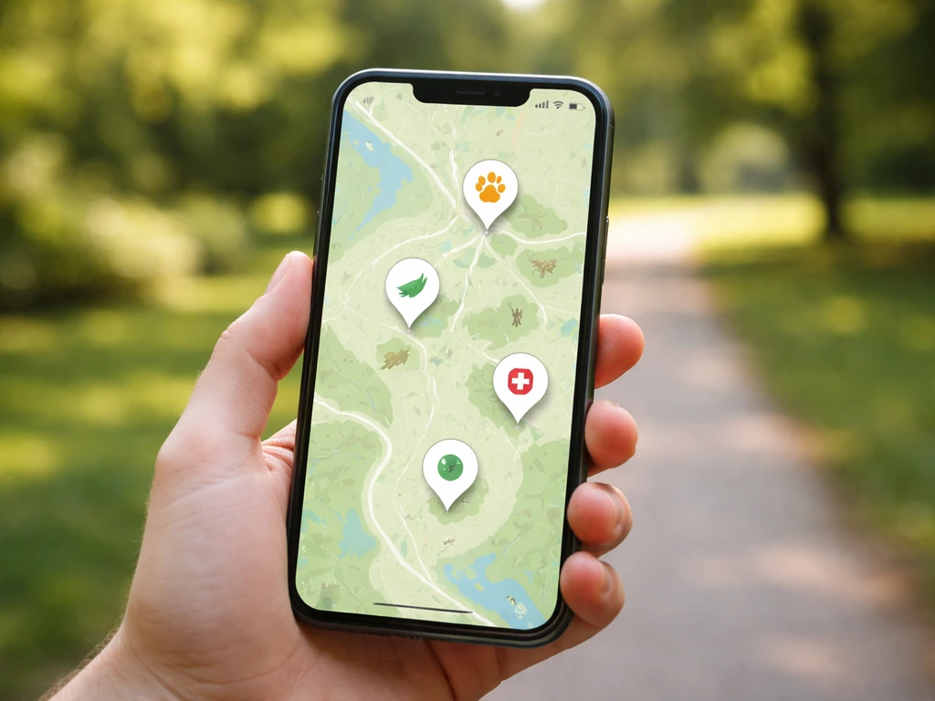 Close-up of a phone screen showing a map-style locator for nearby wildlife help, with a quiet park background.