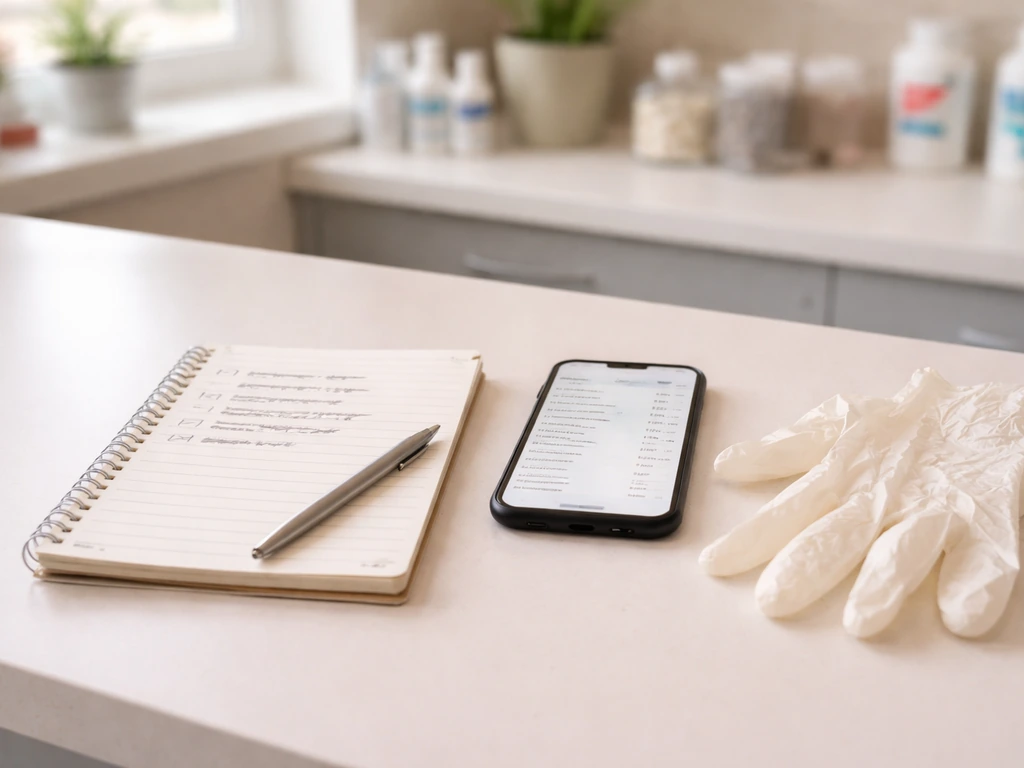 Vet intake desk with an open notebook and smartphone showing a call log, ready for bird details