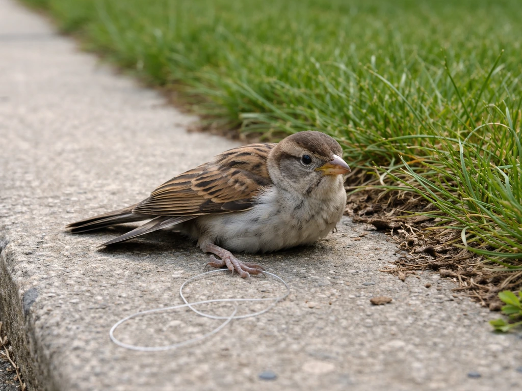 Close view of an injured small bird on the ground with a safe, watchful distance feel