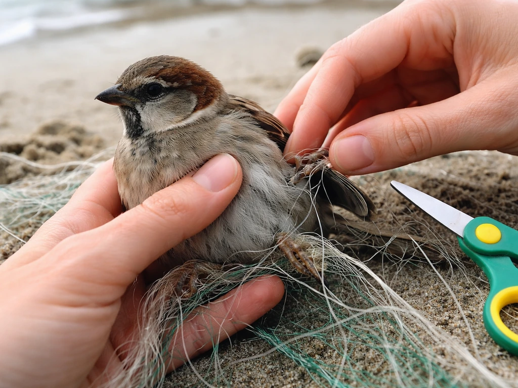 Hand gently holds a bird while fishing line and netting remain intact, scissors kept away from cutting.