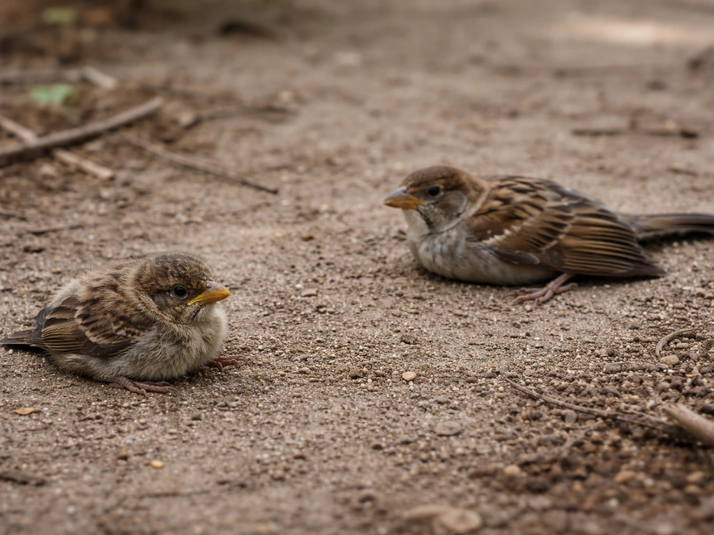 Close view of a small bird on the ground with one bird standing nearby, no visible entanglement.