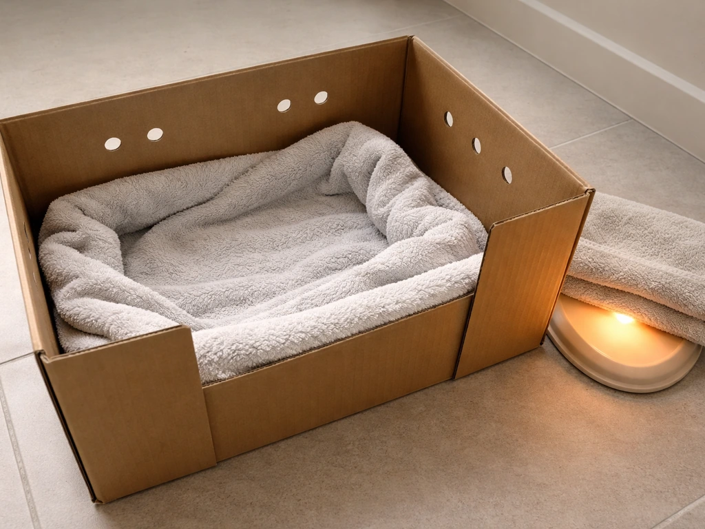 Cardboard box lined with towel and ventilation holes, with a warm heat source beside it for a rescued bird.