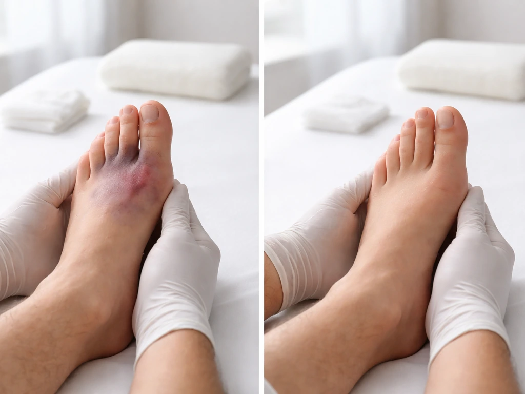 Clinic table with two unlabeled injured-foot comparisons: swollen deformity vs mild toe swelling.