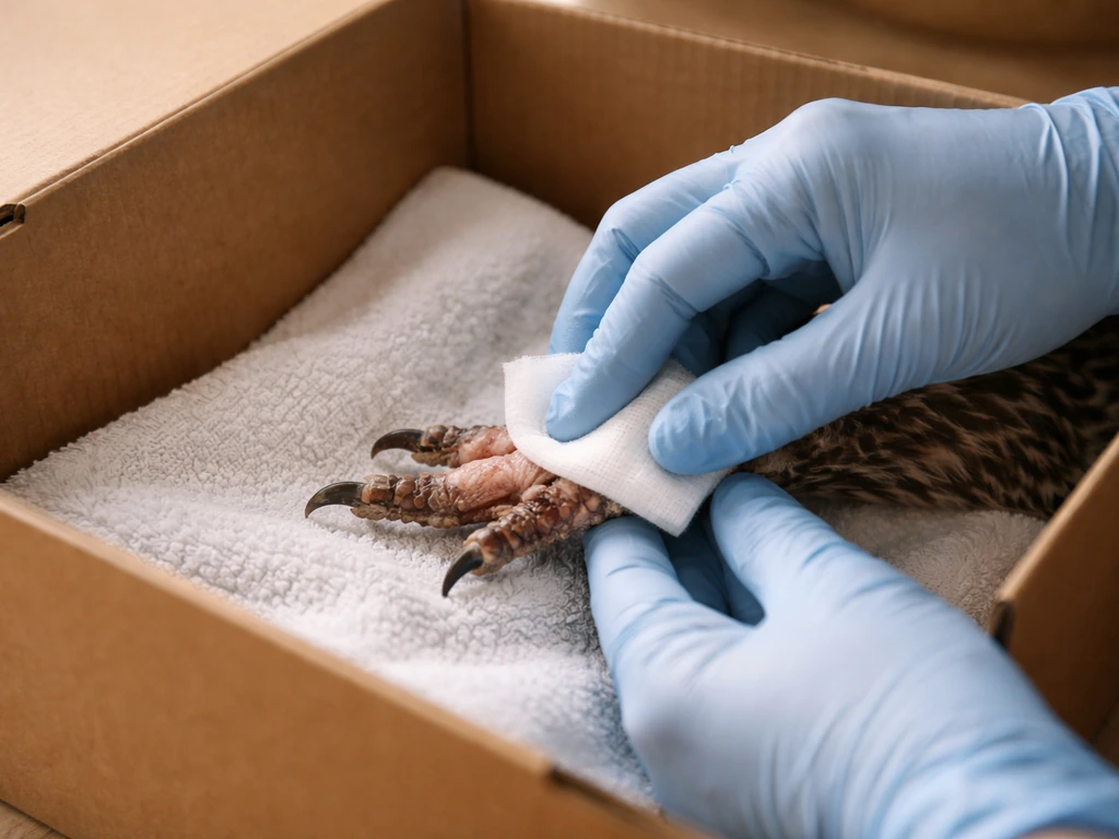 Gloved hands gently pressing clean gauze on an injured bird’s foot inside a cardboard box.