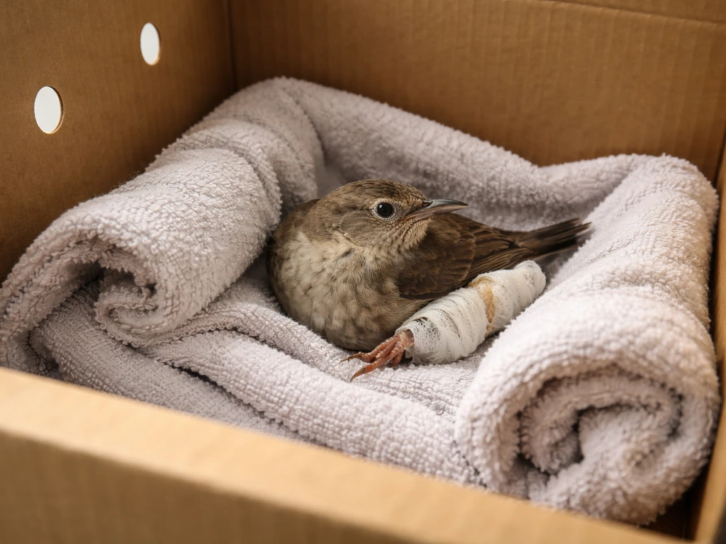 Small bird resting in a towel-lined padded transport box with the foot gently supported for travel