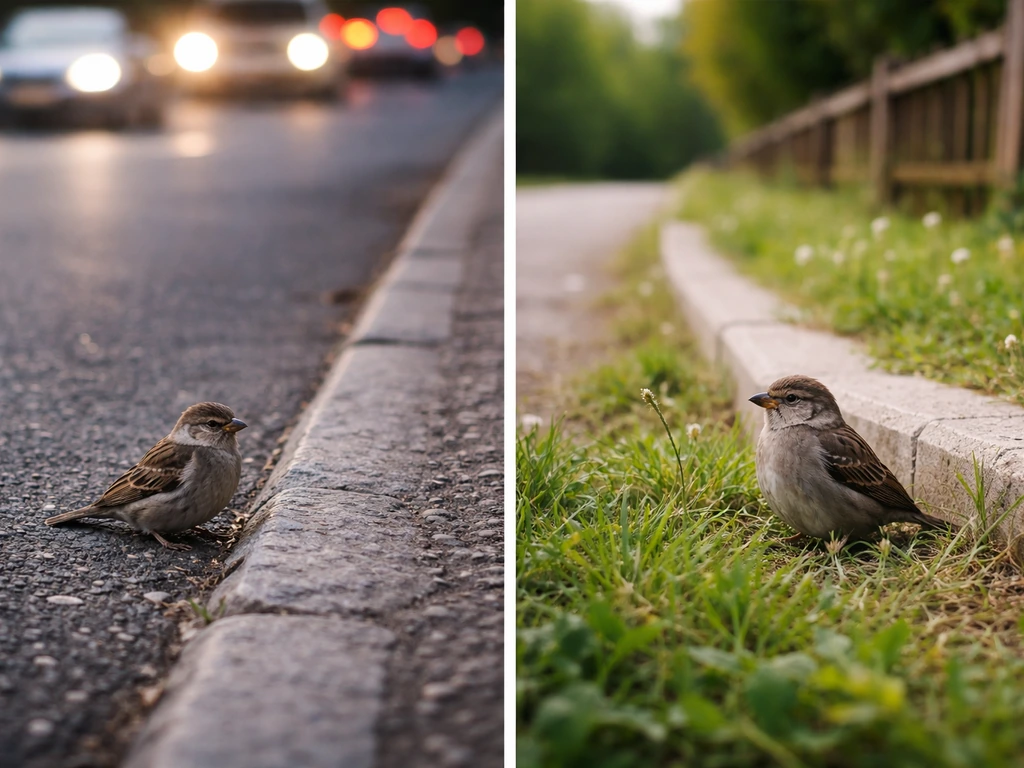 Two small bird scenes: one in a road with traffic, one safely sitting upright on ground away from hazards.