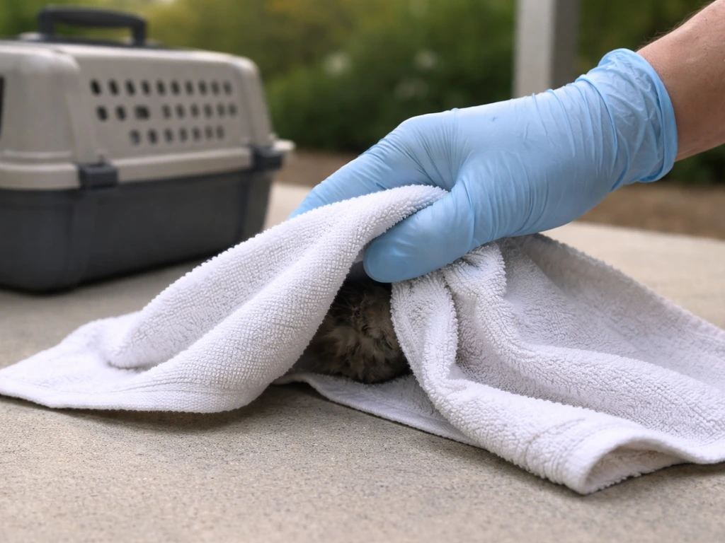 Gloved hand gently scoops a small bird under a clean towel next to a ventilated carrier outdoors.