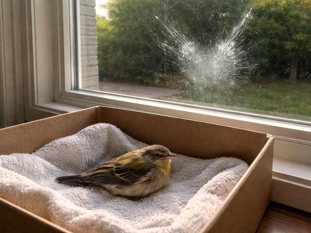 Injured bird resting in a recovery box near a window with visible glass impact marks.
