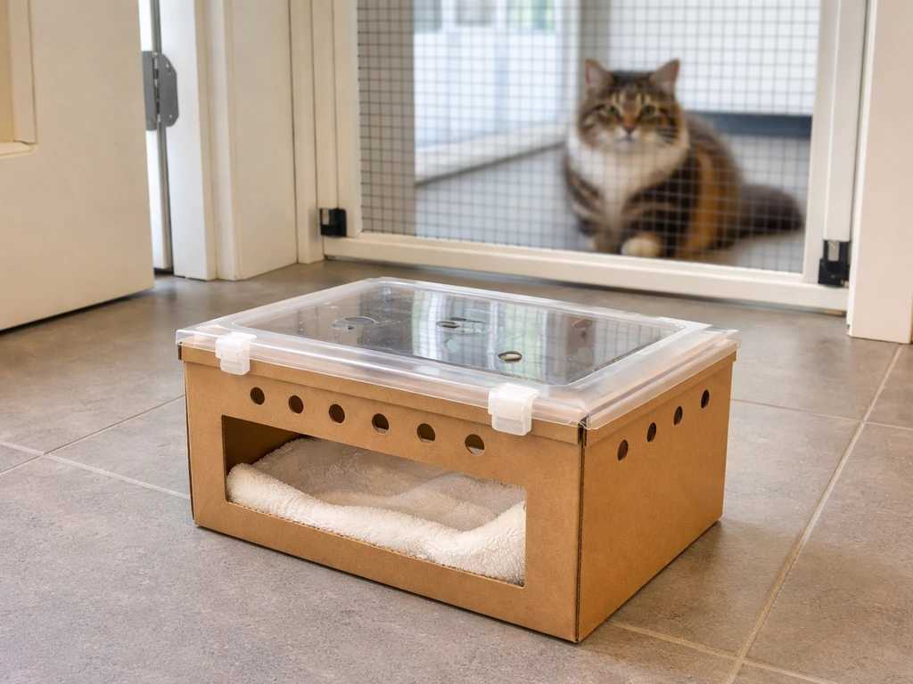 Ventilated bird transport box ready for emergency care, with a cat separated behind a barrier in back.