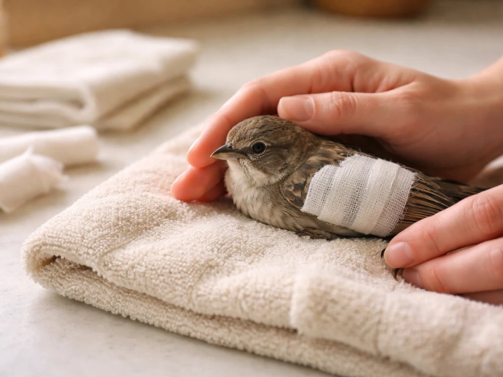 Hands gently support a small bird with a cushioned wing bandage beside warm first-aid cloths.