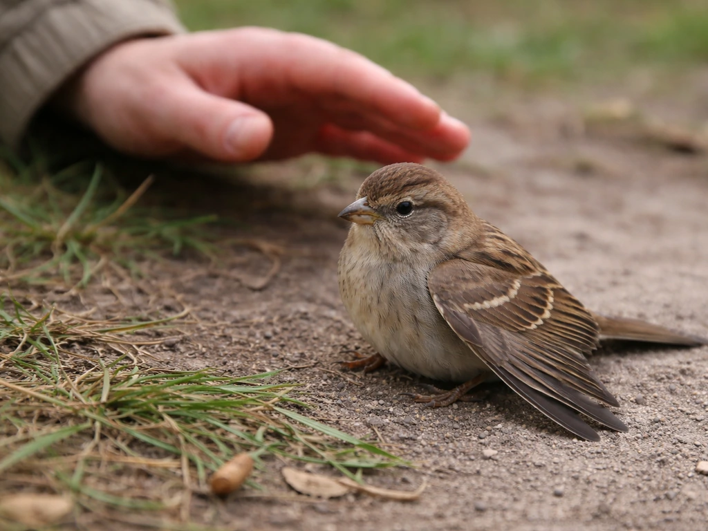 Resting bird with one wing hanging lower, observed from a short distance before any bandaging.