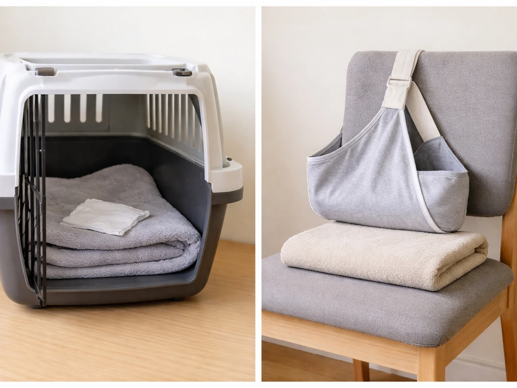 Side-by-side staged photos: ventilated transport box for containment vs. cloth sling for appropriate support.
