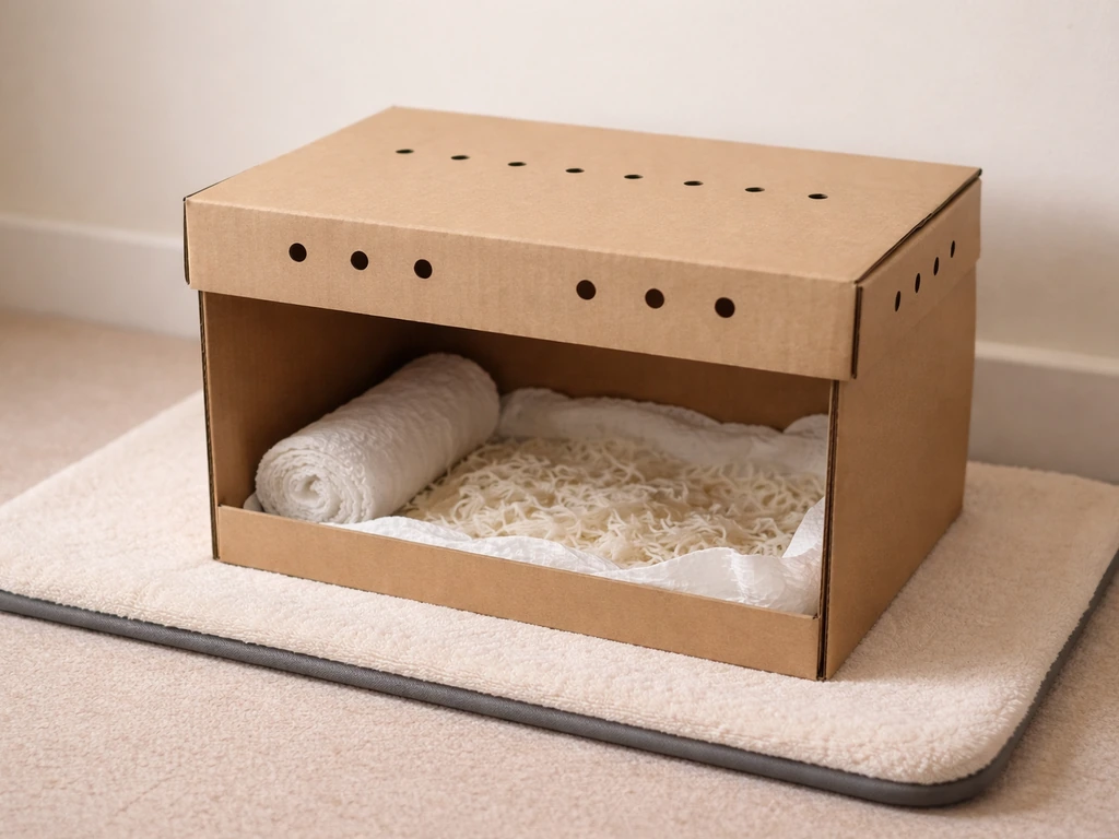 Sturdy ventilated bird carrier with bedding on a warm heating surface in a clean indoor room.