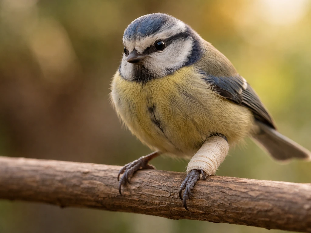 A small injured bird perched with one leg supported, showing difficulty gripping and launching